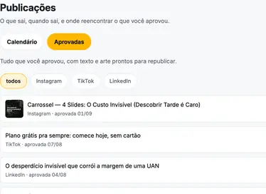 Publicações aprovadas no painel: as peças com a rede e a data de cada uma