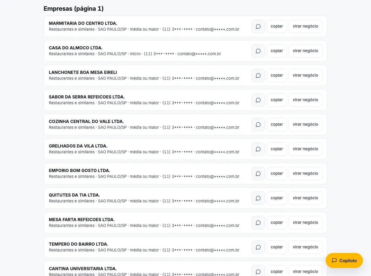 Sequência no painel: o clique em virar negócio numa empresa da lista, o aviso de que ela entrou no funil, e o funil com o negócio novo na primeira coluna